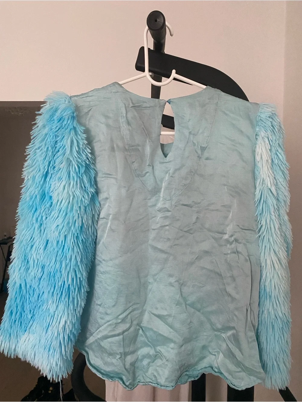 Sky Blue Faux-Fur Sleeve Round-Neck Blouse